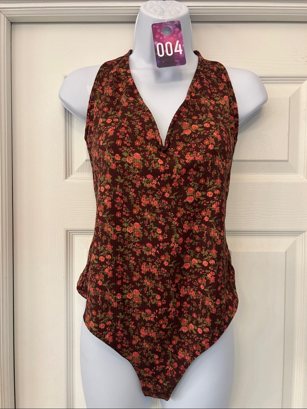 We The Free Burgundy Floral V-Neck Sleeveless Bodysuit